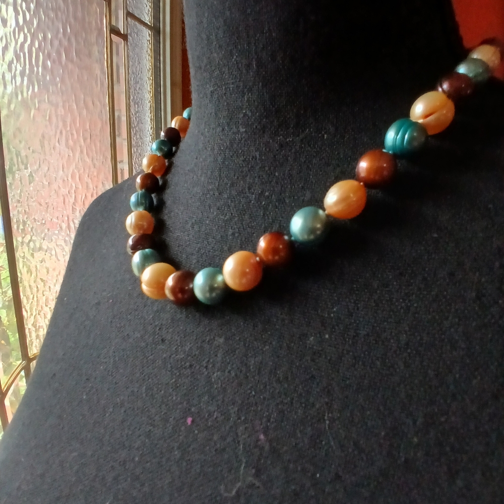 🌏🌟18" Honora Genuine Pearl Necklace 8-10mm. Teal, Taupe & Brown🌟🌏 - Picture 2 of 16